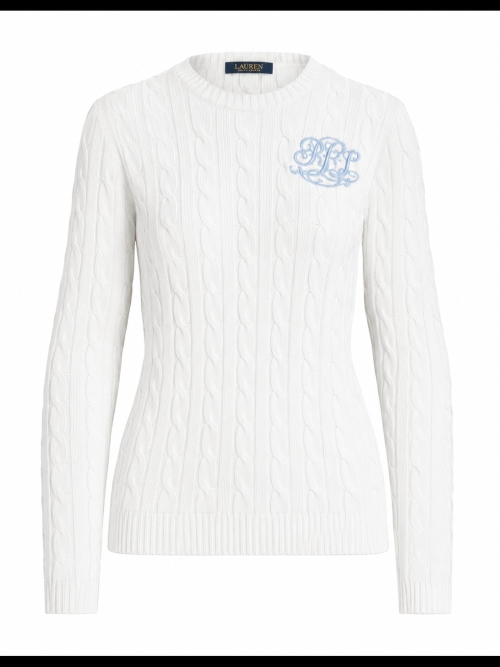 Lauren Ralph Lauren White Cable-Knit Sweater with Light Blue Lauren R L Monogram - Picture 3 of 4